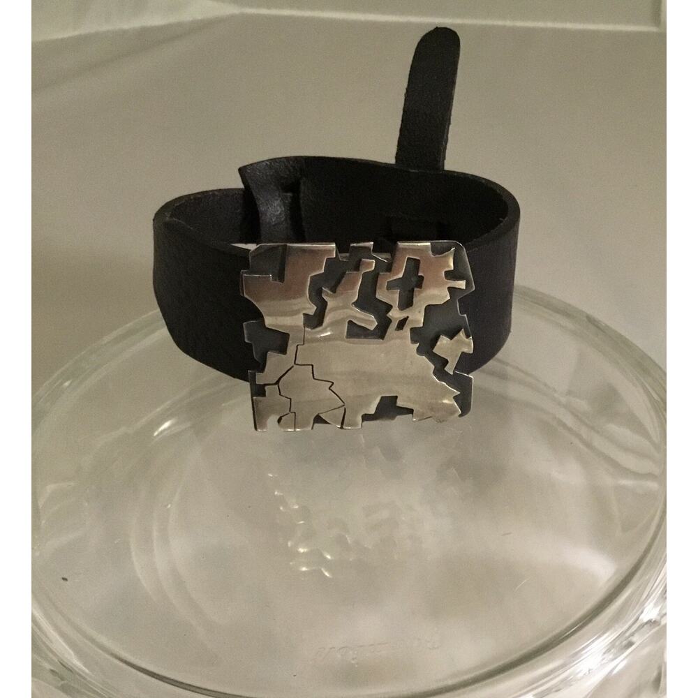 Vintage MUSE Artisan Black Leather Sterling Silver Overlay Charm/Slide Bracelet